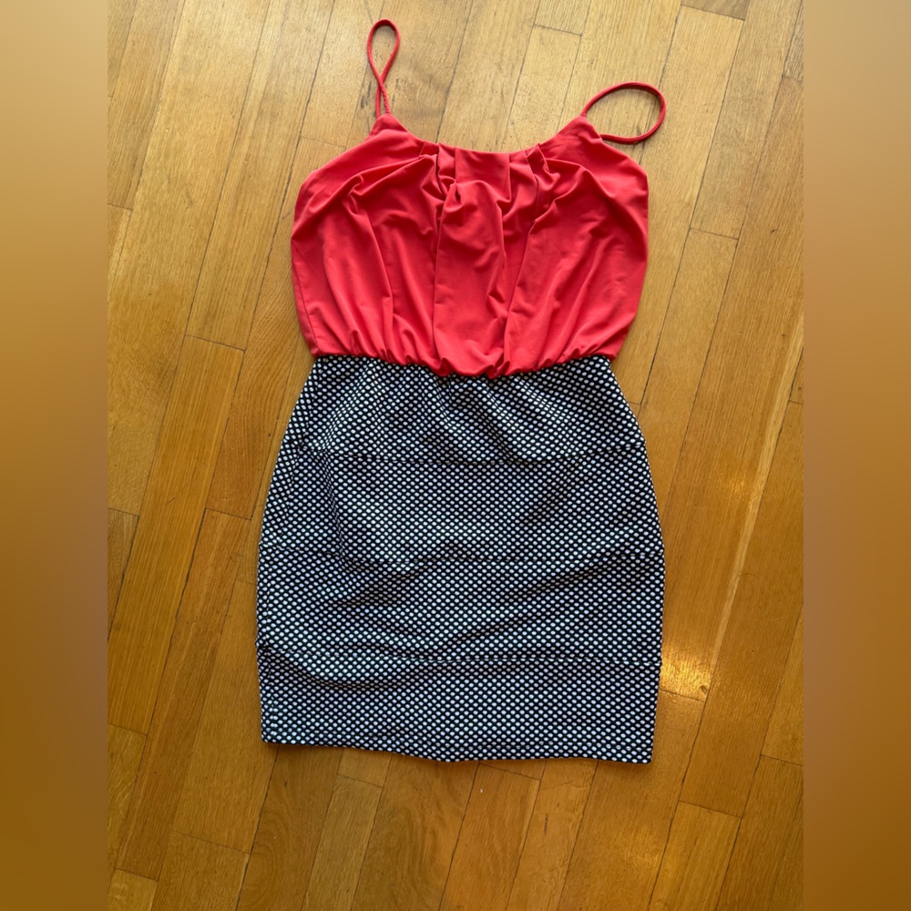 Sweet Storm Vibrant Orange + B/W Polka Dot Dress w/ Bandage Style Skirt